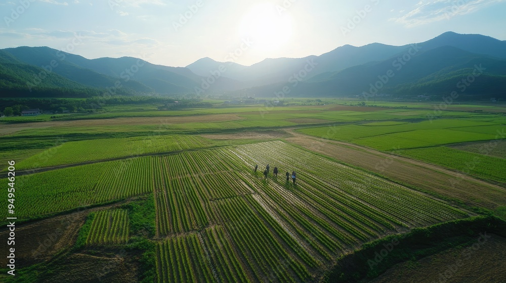 A drone shot capturing a group of Korean farmers planting young rice plants in the expansive fields of Angang-eup, Gyeongju-si, South Korea, with mountains in the background A drone shot capturing a group of Korean farmers planting young rice plants in the expansive fields of Angang-eup, Gyeongju-si, South Korea, with mountains in the background