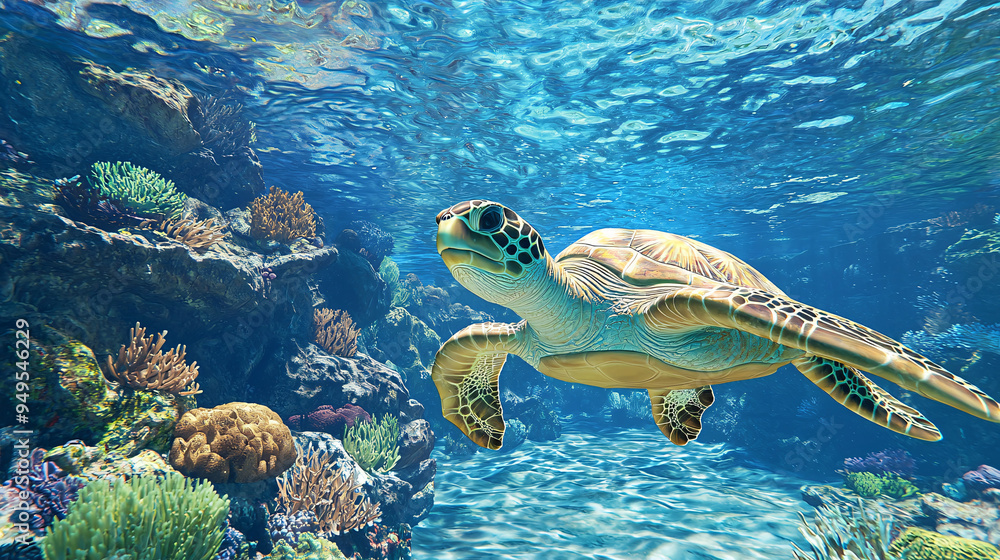Fototapeta premium Vibrant coral reefs teeming with underwater life, high quality, photorealistic, showcasing a breathtaking marine paradise with tropical fish and clear turquoise water::0.7 sea turtles, manta 