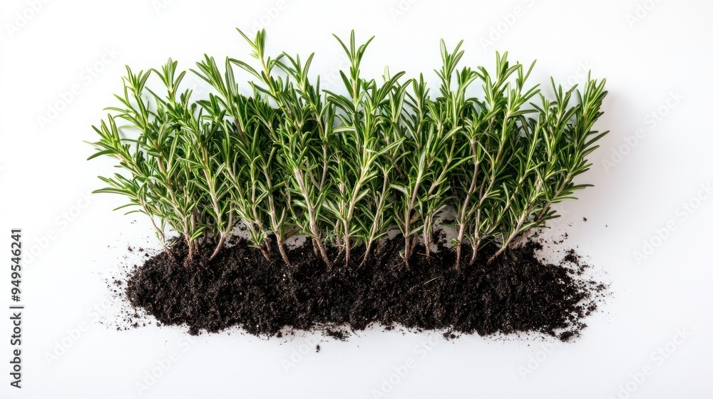 Fresh rosemary herb sprouts growing from a soil patch isolated on a white background, representing gardening, freshness, and culinary ingredients. Fresh rosemary herb sprouts growing from a soil patch isolated on a white background, representing gardening, freshness, and culinary ingredients.