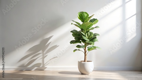 luminous morning serene botanical studio still life large potted fiddle leaf fig plant soft golden natural light elegant minimalist white background subtle shadows photo