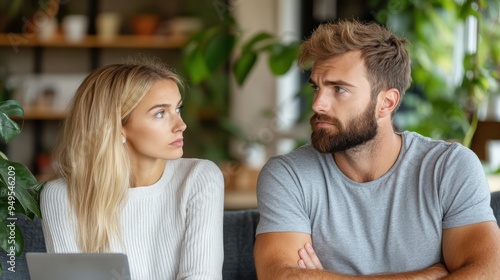 A serious conversation between a blonde woman in a white sweater and a bearded man in grey takes place indoors, highlighting their expressions and the greenery around them.