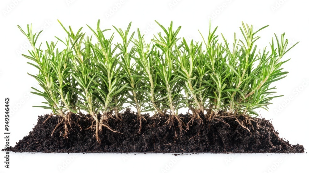 Cross-section of rosemary plants growing in soil, showing green sprigs above ground and a network of roots below the surface, isolated on a white background. Cross-section of rosemary plants growing in soil, showing green sprigs above ground and a network of roots below the surface, isolated on a white background.