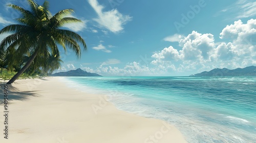 Wallpaper Mural Tropical Beach Paradise: A pristine tropical beach with white sand, crystal-clear turquoise waters, and palm trees swaying gently in the breeze.
 Torontodigital.ca