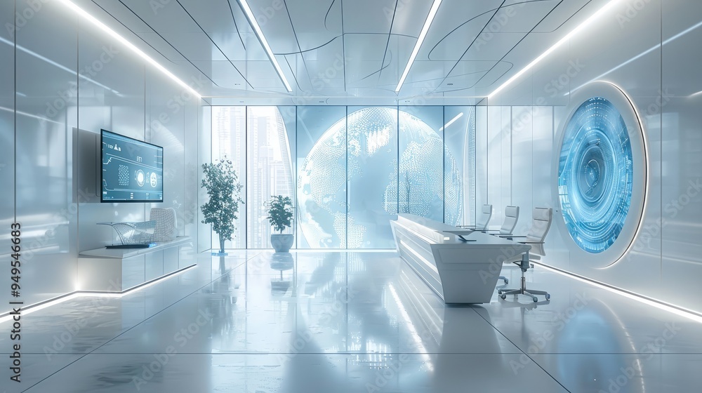 A futuristic collaborative workspace with holographic meeting rooms and AI-powered tools. Generative AI. A futuristic collaborative workspace with holographic meeting rooms and AI-powered tools. Generative AI.