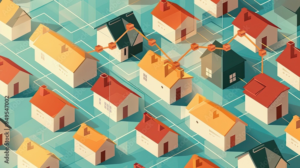 Fototapeta premium A drawing of a neighborhood with houses and a network of wires connecting them