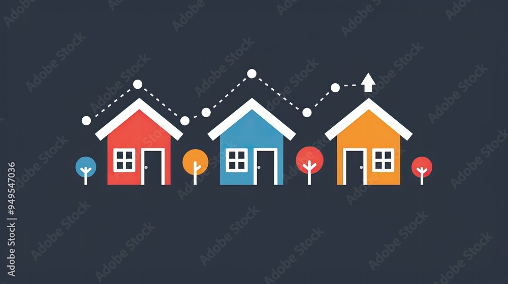 Three houses are shown on a black background with a line connecting them Three houses are shown on a black background with a line connecting them