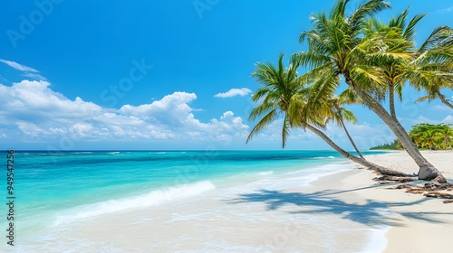 Fototapeta Naklejka Na Ścianę i Meble -  Tropical Beach Paradise: A pristine tropical beach with white sand, crystal-clear turquoise waters, and palm trees swaying gently in the breeze.
