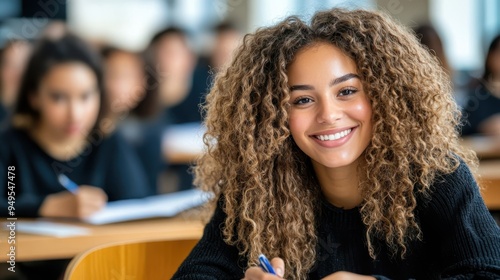 A student with curly hair is seated and smiling warmly while taking a test in a classroom. The atmosphere is light and positive, despite the focused nature of the task.