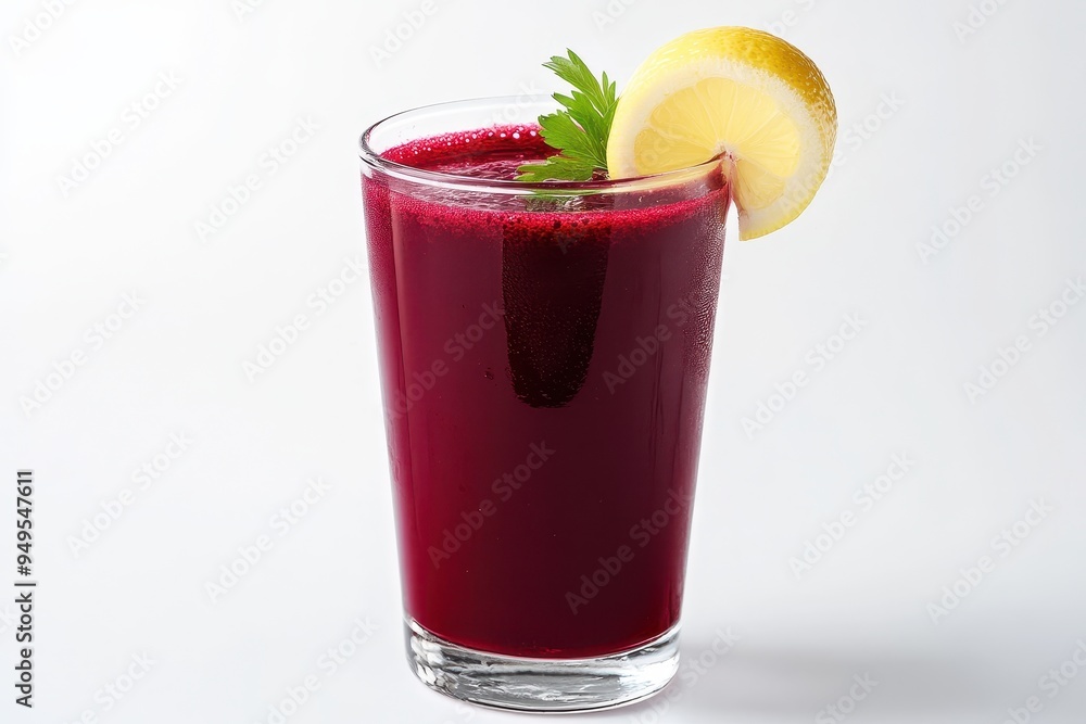 A glass of vibrant red juice garnished with a lemon slice and parsley. A glass of vibrant red juice garnished with a lemon slice and parsley.