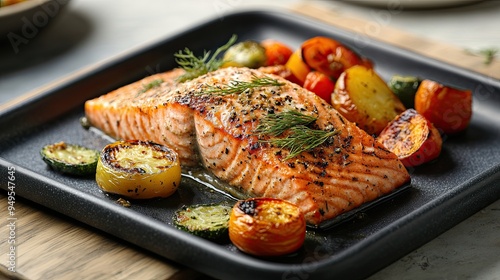 43. Grilled salmon served with a side of roasted vegetables, brain-boosting dinner, healthy and satisfying. photo