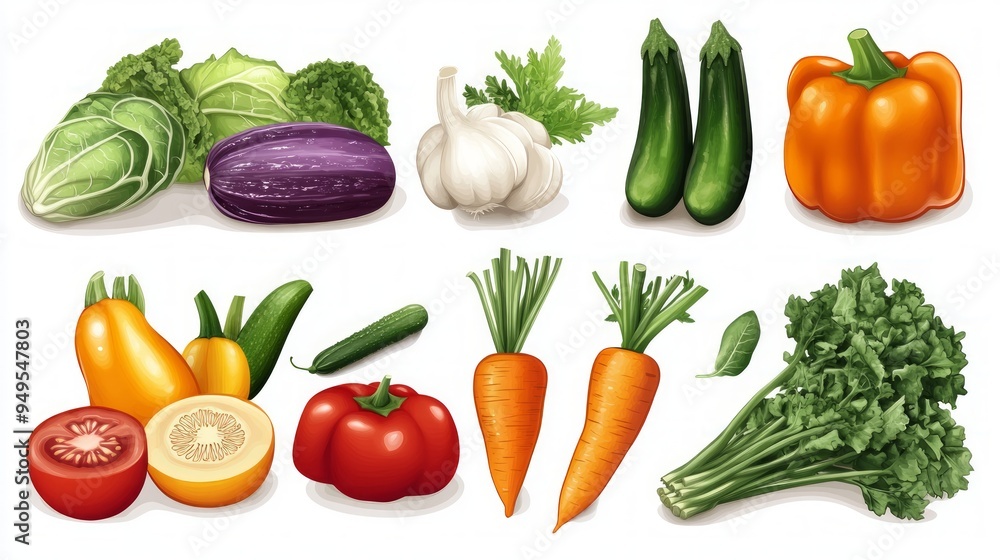 Fresh vegetable organic food set still life isolated on white background vector illustration Fresh vegetable organic food set still life isolated on white background vector illustration