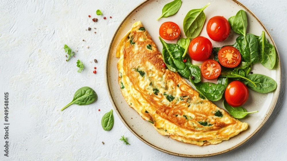 A flat lay of a stuffed omelette with fresh tomatoes and spinach, on a light stone background, capturing the simplicity and appeal of a healthy, homemade breakfast, A flat lay of a stuffed omelette with fresh tomatoes and spinach, on a light stone background, capturing the simplicity and appeal of a healthy, homemade breakfast,