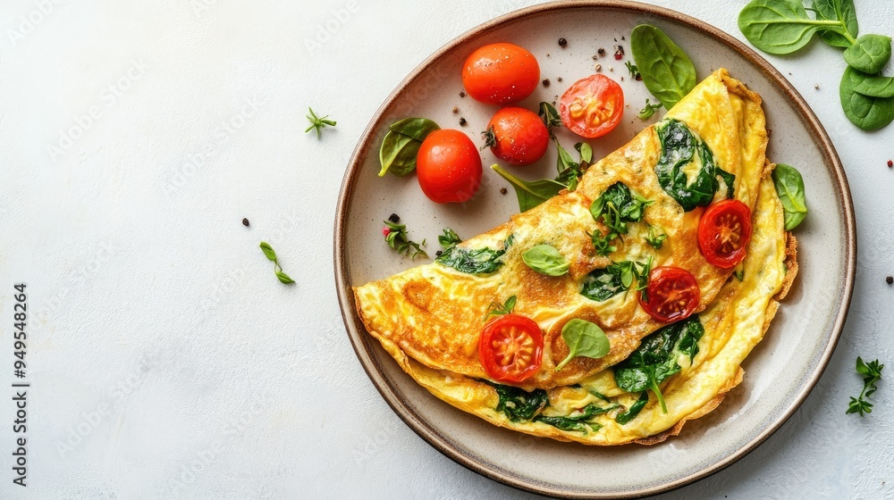 A flat lay of a stuffed omelette with fresh tomatoes and spinach, on a light stone background, capturing the simplicity and appeal of a healthy, homemade breakfast, A flat lay of a stuffed omelette with fresh tomatoes and spinach, on a light stone background, capturing the simplicity and appeal of a healthy, homemade breakfast,