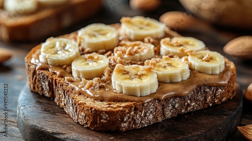 34. Almond butter spread on whole grain bread, topped with banana slices, brain-boosting snack, healthy and satisfying.