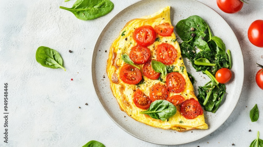 A flat lay shot of a fluffy omelette stuffed with juicy tomatoes and spinach, arranged on a light stone surface, ideal for promoting nutritious and delicious breakfast ideas, A flat lay shot of a fluffy omelette stuffed with juicy tomatoes and spinach, arranged on a light stone surface, ideal for promoting nutritious and delicious breakfast ideas,