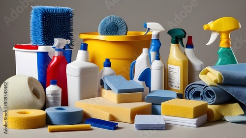 A meticulously organized cleaning supply closet, showcasing a variety of cleaning products and tools neatly arranged on several shelves. photo