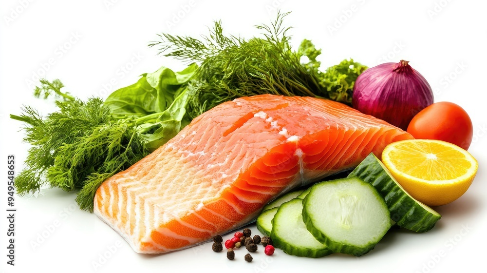 A fresh salmon fish stack, showcasing the natural texture and color, set against a clean white background with a variety of fresh vegetables for a healthy food theme A fresh salmon fish stack, showcasing the natural texture and color, set against a clean white background with a variety of fresh vegetables for a healthy food theme