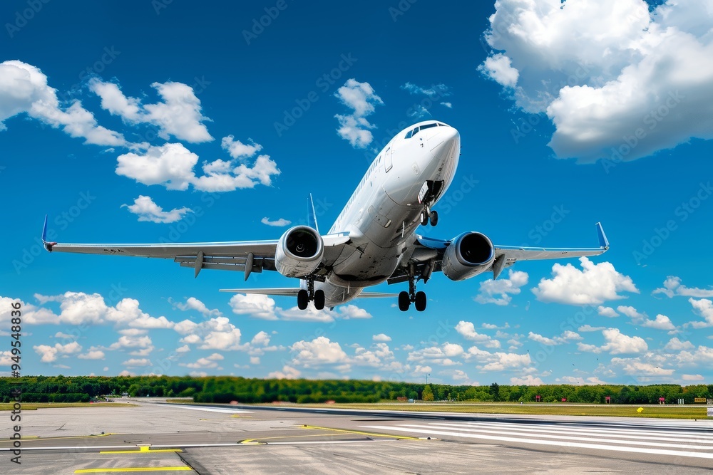 Airplane Taking Off From Runway With Blue Sky And White Clouds Airplane Taking Off From Runway With Blue Sky And White Clouds