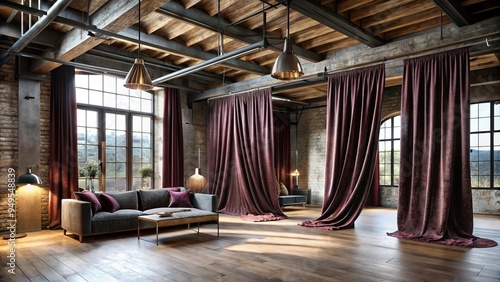 Luxurious velvet drapes cascading over industrial metal beams amidst moody monochromatic tones and rustic wooden accents in a converted loft space photo