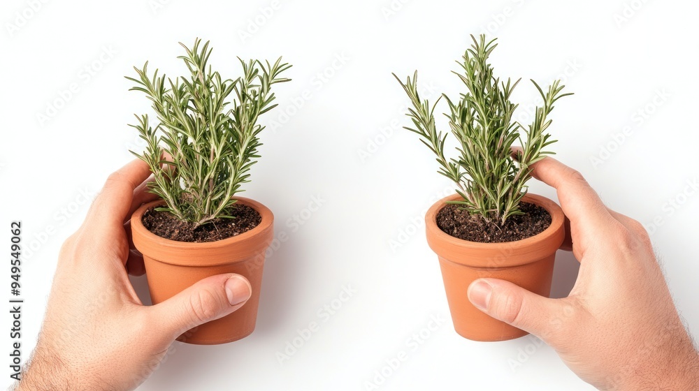 Two hands holding identical pots with rosemary plants on a white background, symbolizing comparison or growth. Two hands holding identical pots with rosemary plants on a white background, symbolizing comparison or growth.