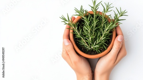 Hands gently holding a small terracotta pot with lush green rosemary herb against a white background, symbolizing care for plants and nature.