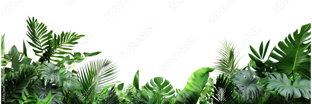 Fototapeta premium Dense tropical foliage with various green leaves isolated on transparent background, perfect for nature backgrounds, digital designs, and eco-themes