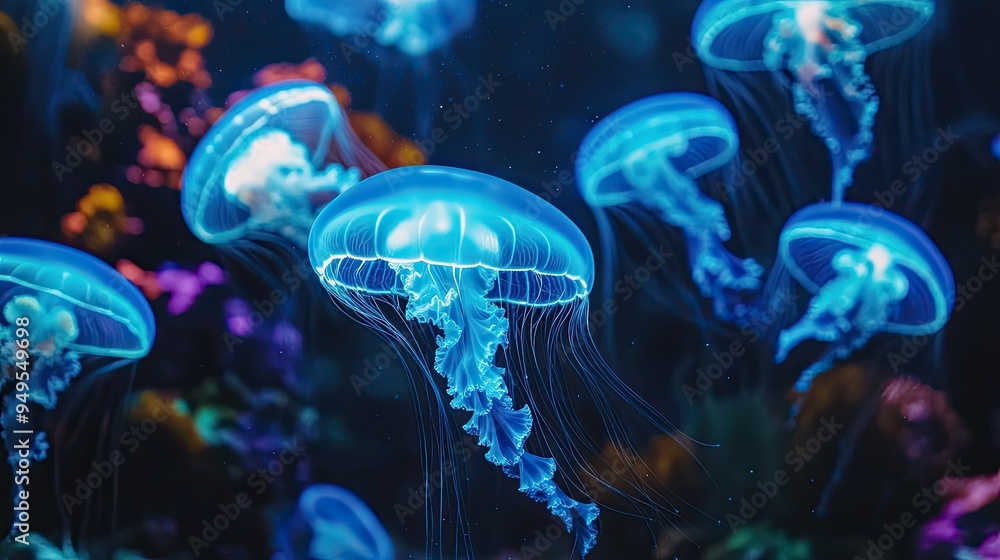 A group of jellyfish swimming in sync, their bodies radiating with blue neon light, set against a dark and moody aquarium backdrop A group of jellyfish swimming in sync, their bodies radiating with blue neon light, set against a dark and moody aquarium backdrop