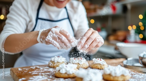 A baker passionately decorates freshly baked cookies with frosting in a cozy kitchen, showcasing a love for baking and creativity during a joyful holiday season.