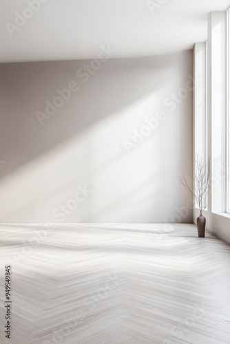Empty room in neutral colors with ample copyspace, a large window filling the room with natural lighting and creating a play between daylight and shadows.