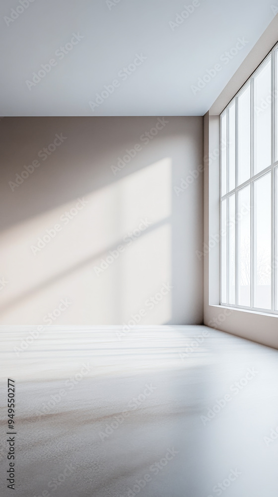 Fototapeta premium Empty room in neutral colors with ample copyspace, a large window filling the room with natural lighting and creating a play between daylight and shadows.