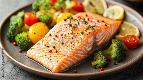 5. Salmon fillet with steamed vegetables on a plate, rich in omega-3 fatty acids, brain-boosting dinner. photo