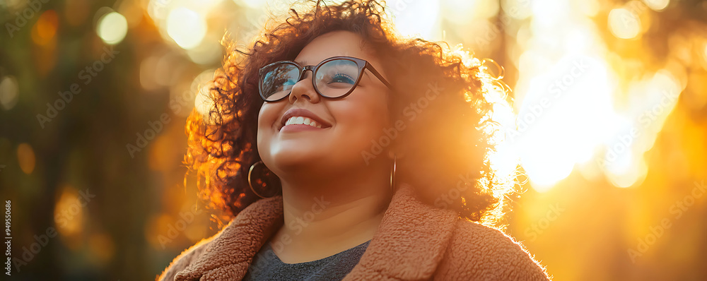 A joyful portrait of a young plus-size woman with curly hair, smiling warmly in a sunlit outdoor golden light bokeh effect. A joyful portrait of a young plus-size woman with curly hair, smiling warmly in a sunlit outdoor golden light bokeh effect.