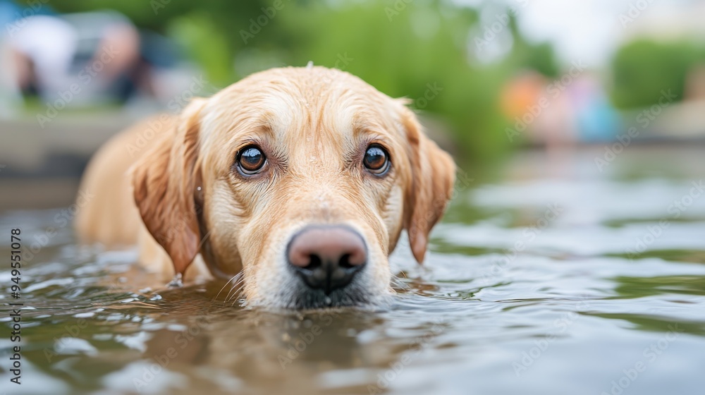 A dog happily swimming in a serene pond with green vegetation and blurred background elements, showcasing the tranquility and joy of pets enjoying nature and water. A dog happily swimming in a serene pond with green vegetation and blurred background elements, showcasing the tranquility and joy of pets enjoying nature and water.
