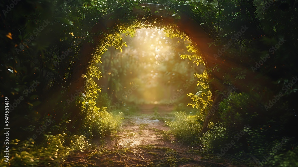 Fototapeta premium Fairy tale archway with magic light through an enchanted forest generative.