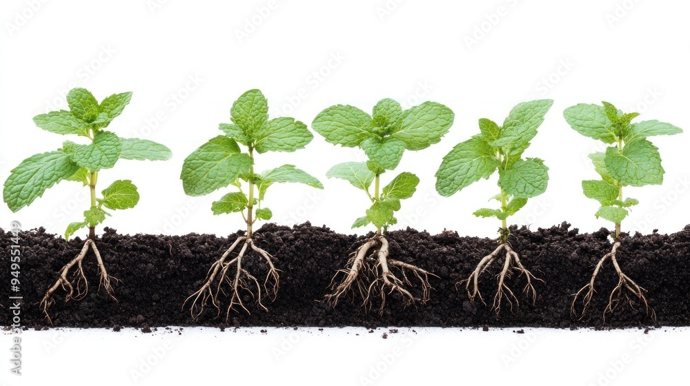 Five stages of plant growth from seedling to mature plant with visible ...