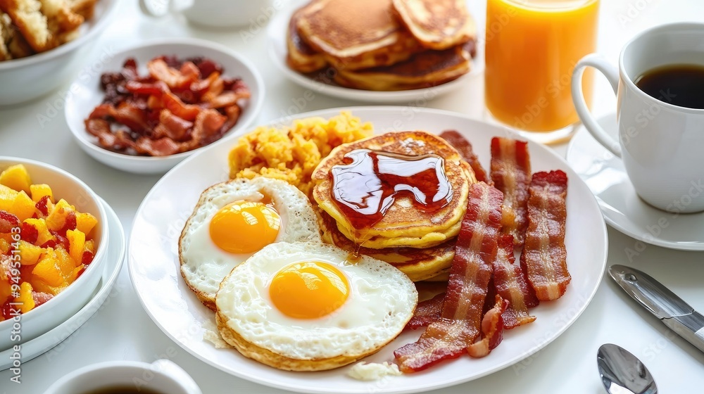 A high-angle view of a breakfast spread with eggs, bacon, hash browns, and syrup-drizzled pancakes, paired with fresh orange juice and coffee on a white backdrop A high-angle view of a breakfast spread with eggs, bacon, hash browns, and syrup-drizzled pancakes, paired with fresh orange juice and coffee on a white backdrop