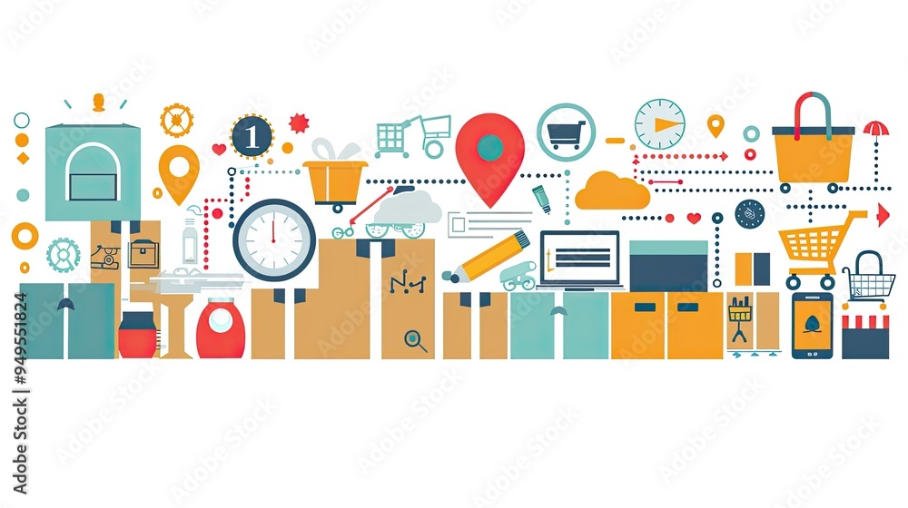 A colorful image of various items such as a clock, a laptop, a book A colorful image of various items such as a clock, a laptop, a book