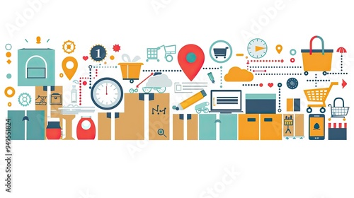 A colorful image of various items such as a clock, a laptop, a book