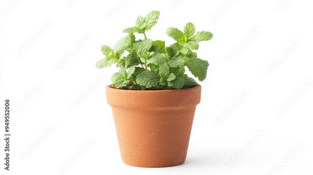 A healthy mint plant with vibrant green leaves growing in a classic terracotta pot against a clean white background. A healthy mint plant with vibrant green leaves growing in a classic terracotta pot against a clean white background.