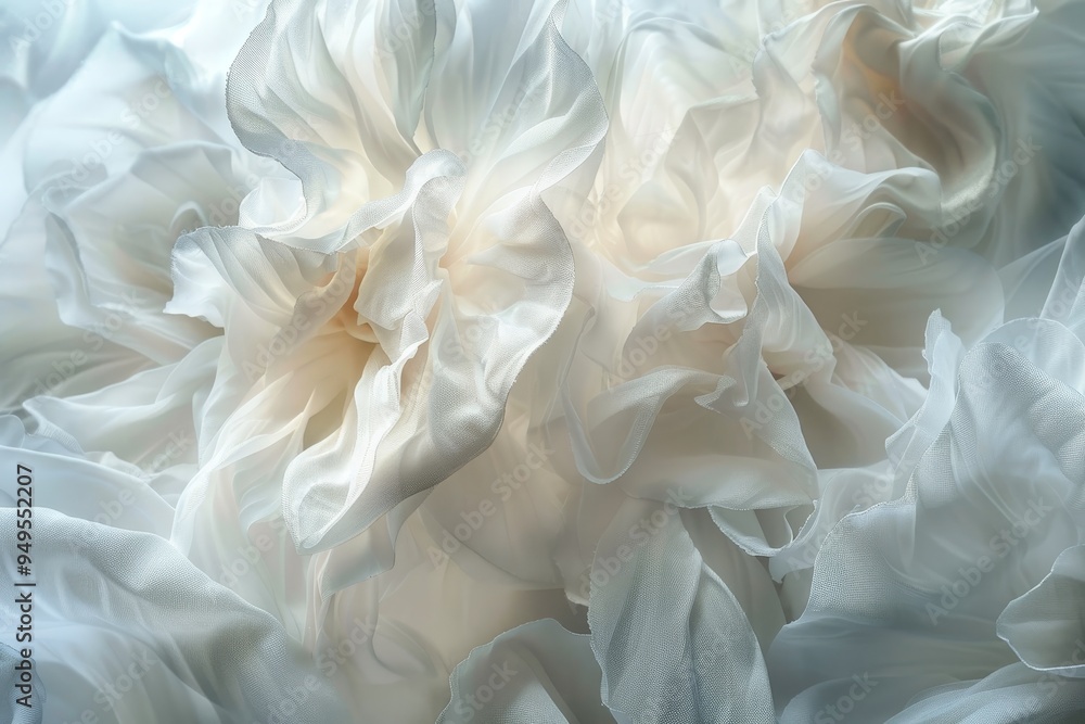 A detailed view of a white flower showcasing multiple delicate petals up close, Soft, ethereal layers of white creating a sense of depth A detailed view of a white flower showcasing multiple delicate petals up close, Soft, ethereal layers of white creating a sense of depth