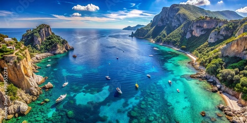 Turquoise waters lap against the rocky shores of Capri's coves, shot from a drone's bird's eye view, bright cloudless sky, feeling of freedom, a realistic photo image.