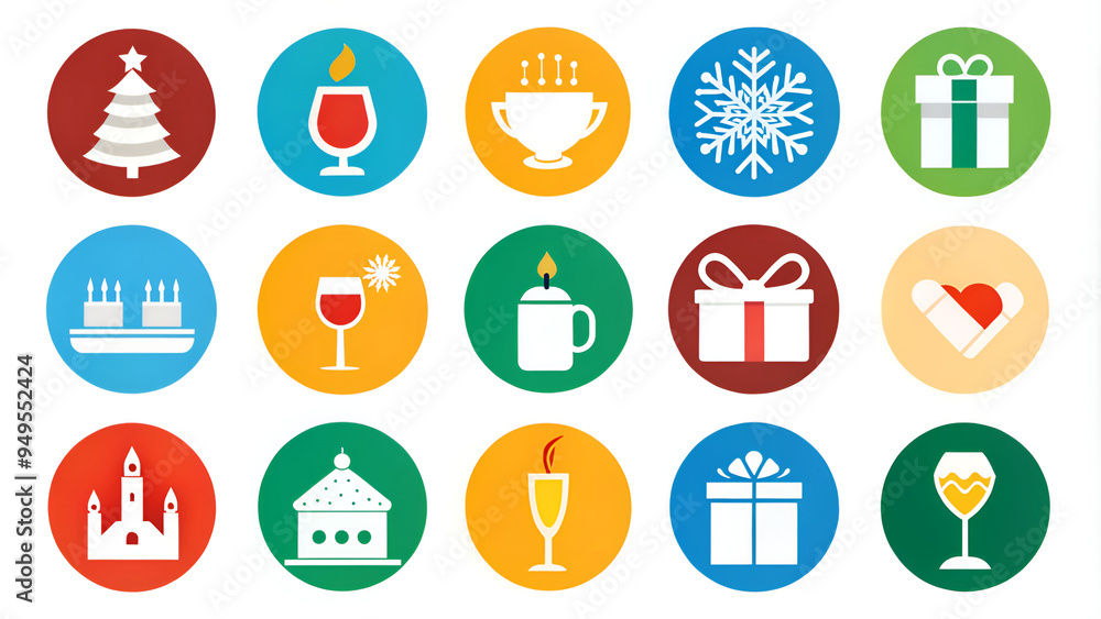 A vibrant and varied collection of colorful icons that features a beautifully designed Christmas tree alongside a steaming cup of coffee A vibrant and varied collection of colorful icons that features a beautifully designed Christmas tree alongside a steaming cup of coffee