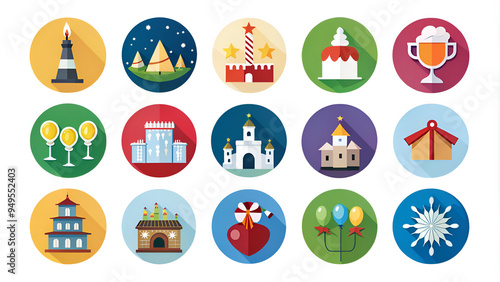 This design features a detailed set of icons, each cast with a long shadow effect, all displayed vividly against a clean white background
