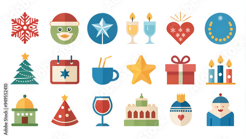 A collection of delightful Christmasthemed icons displayed on a clean white background, which enhances their vibrant festive colors