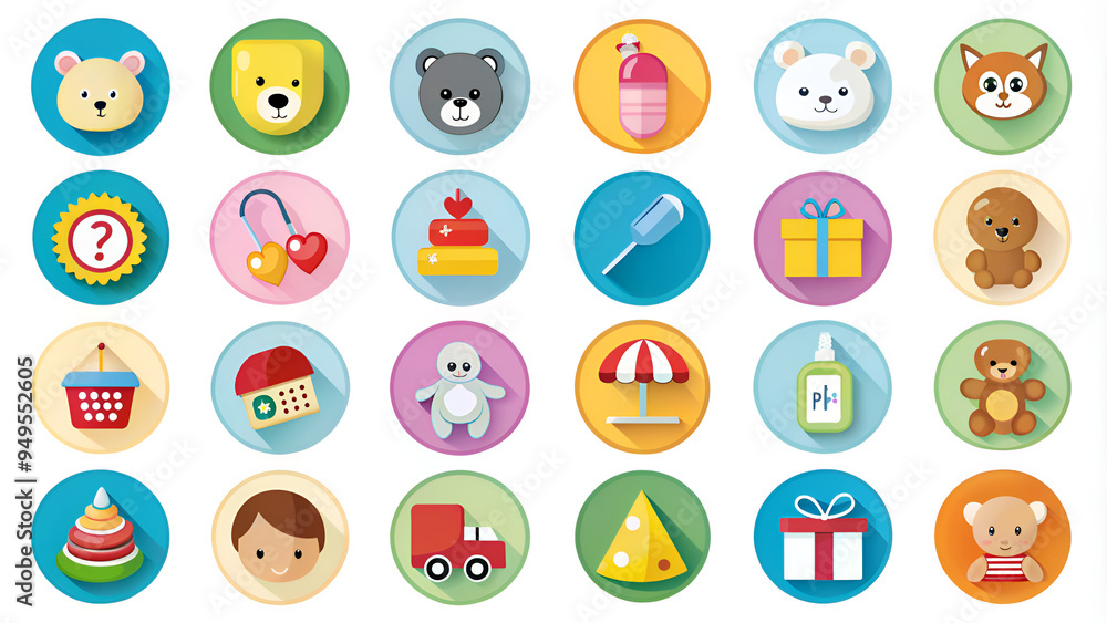 This is a delightful set of childrens icons displayed on a clean, white background, ideal for various design projects or educational purposes This is a delightful set of childrens icons displayed on a clean, white background, ideal for various design projects or educational purposes