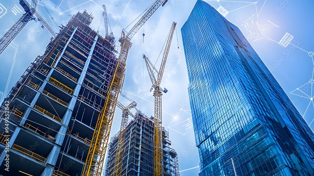 Naklejka premium Automated Installation of Smart Safety Barriers on a Skyscraper Construction Site Coordinated by IoT Systems for Enhanced Efficiency and Workplace Safety