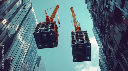 Advanced IoT powered cranes skillfully lifting and maneuvering massive structural components to facilitate the construction of a towering modern skyscraper in a bustling urban cityscape photo