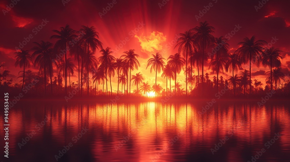Vibrant Neon Palm Tree Silhouettes with Red Light Rays Reflecting on Serene Water Surface Vibrant Neon Palm Tree Silhouettes with Red Light Rays Reflecting on Serene Water Surface