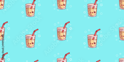 Seamless pattern with cute glass of lemonade with bubbles and straw on blue background. Funny kawaii cartoon character drink. Vector horizontal illustration