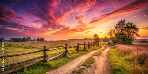 Rustic rural landscape with old wooden fence, pale violet red sky, rural track leading to the horizon, warm soft light, peaceful nostalgic mood, a realistic photo image.